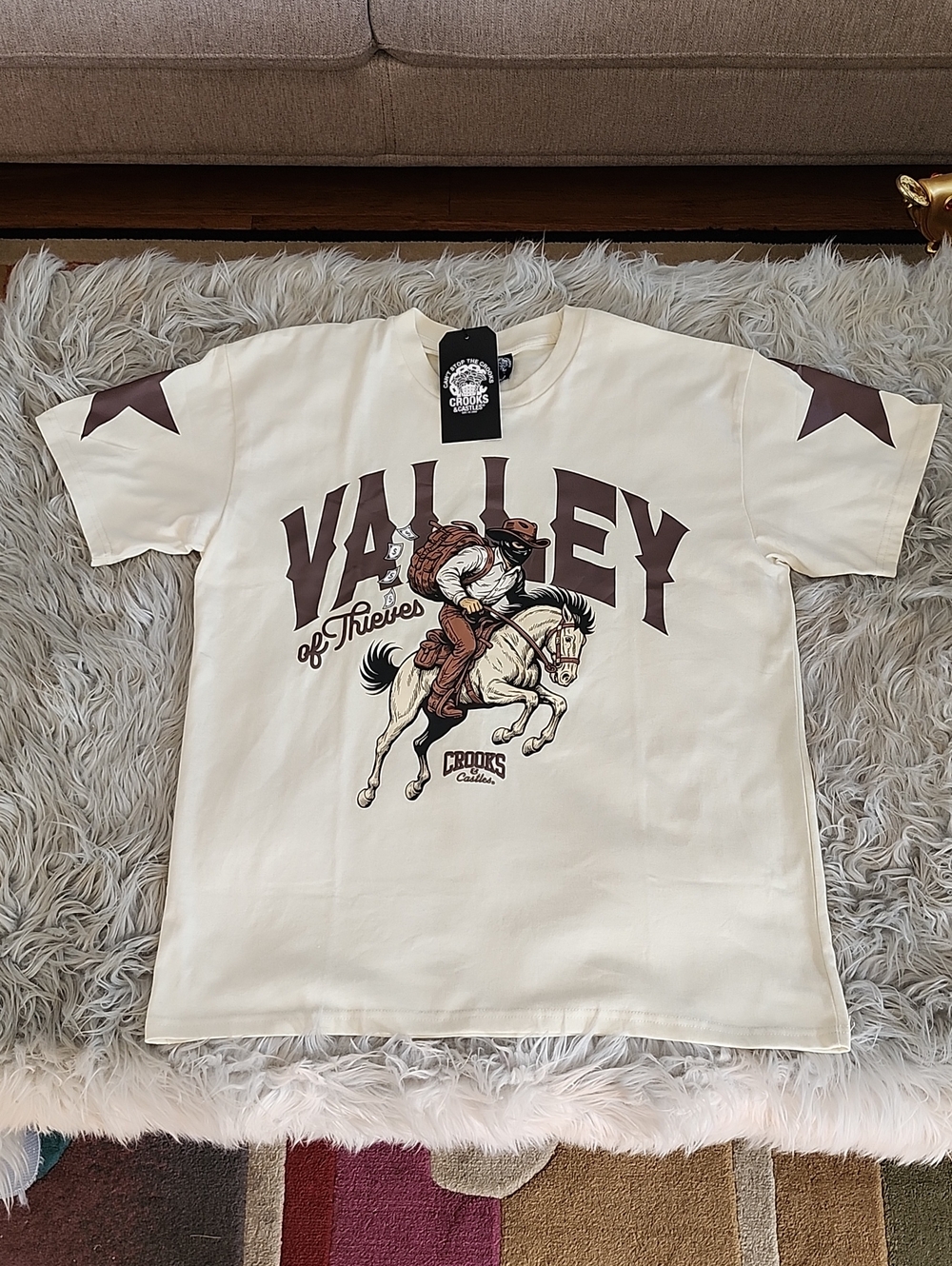 Crooks & Castles Cream Tee with Brown Western Graphic- Size Medium